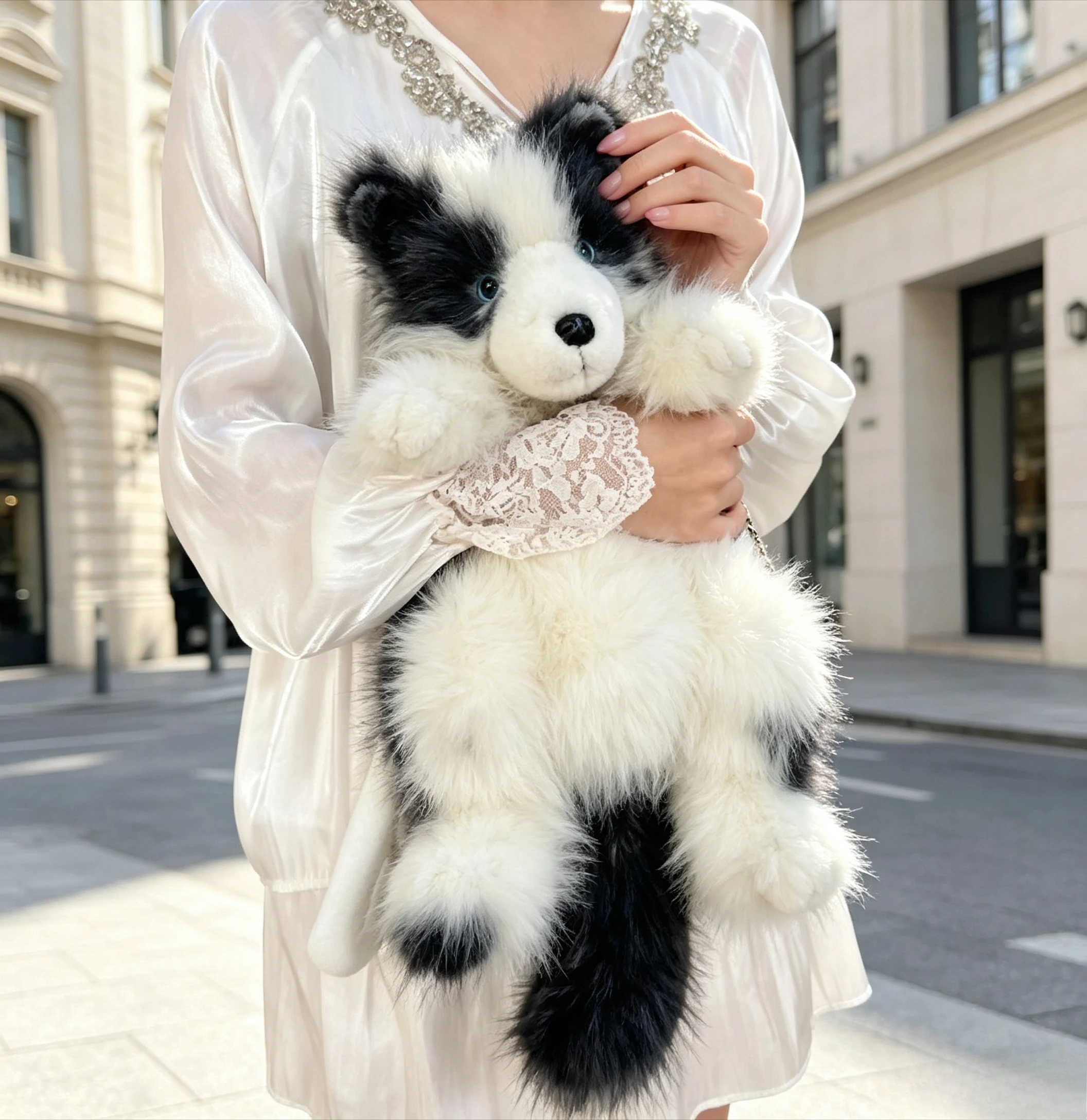 Novelty 3D Border Collie Plush Backpack Women Fluffy Faux Fur Dog Shape Shoulder Bag Animal‑Shaped Rucksack for Daily Travel