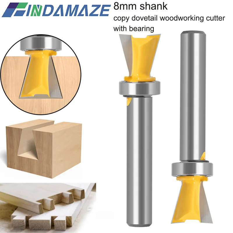 8mm Shank Copy Dovetail Woodworking Milling Cutter with Bearing Wooden Board Jigsaw Slotting Tenon Drill Bit Cutting Machine