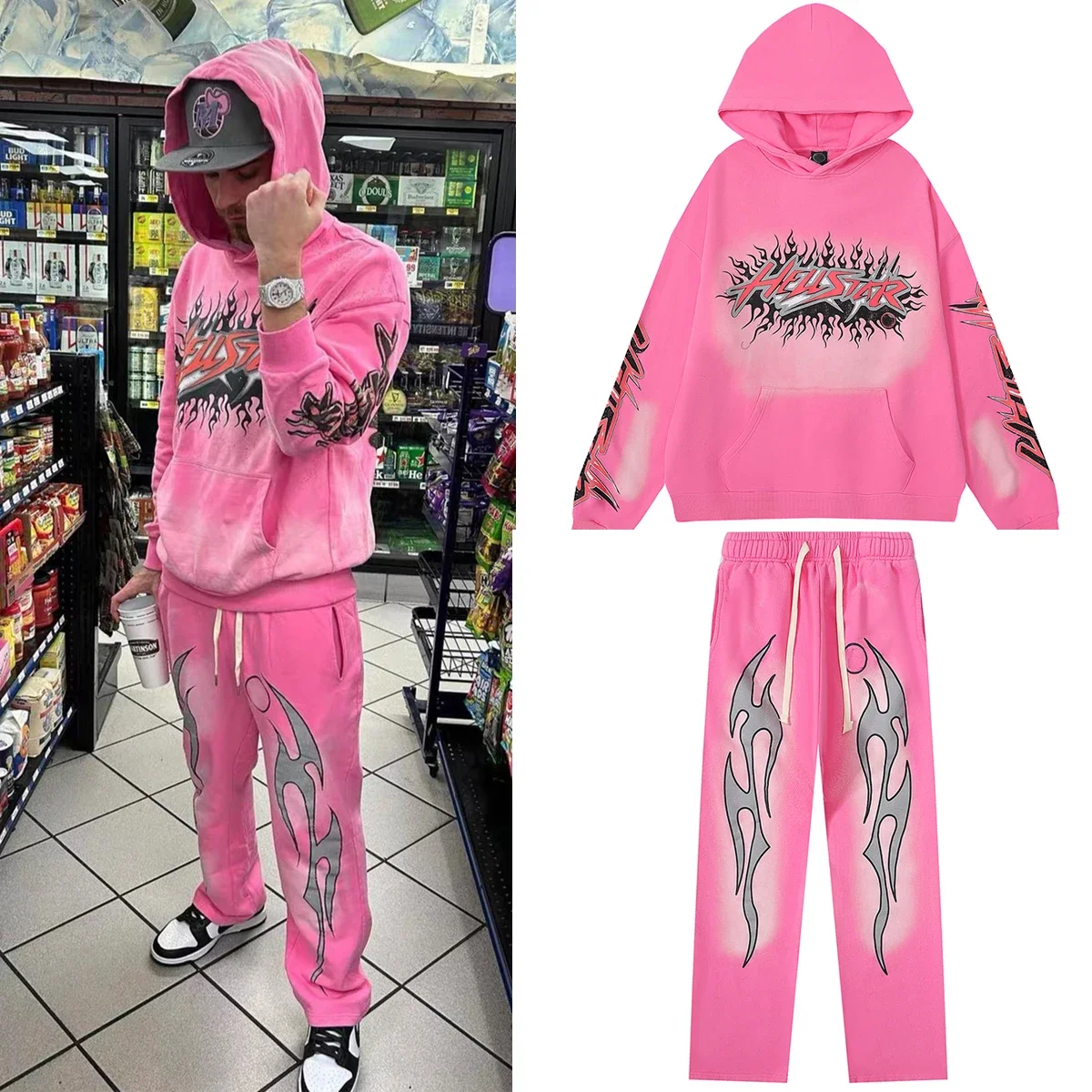 

Hellstar Couple Style Hoodie Warm and comfortable Men Women pink Loose Hoodie Pants Hip-hop Printed pattern Set