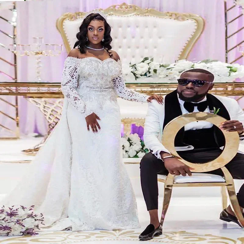 

Свадебные платья русалки с открытыми плечами и аппликациями из бисера со съемным шлейфом в африканском стиле, большие размеры, Vestido De Novia B