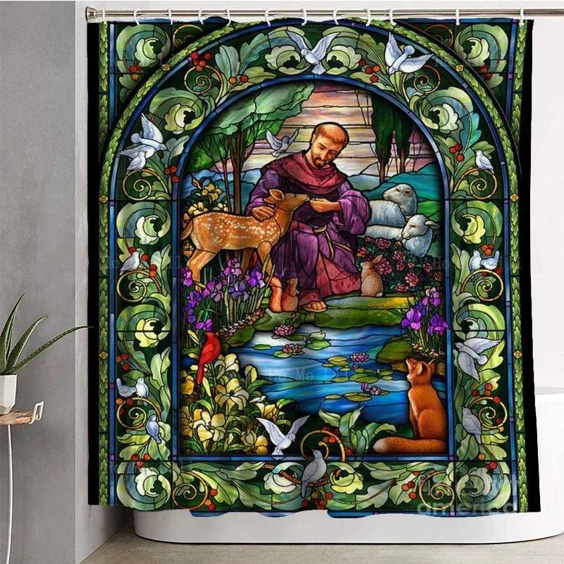 Saint Francis Of Assisi Animal Bible Stained Glass Holy Roman Apostolic Sacraments Shower Curtain By Ho Me Lili Bathroom Decor