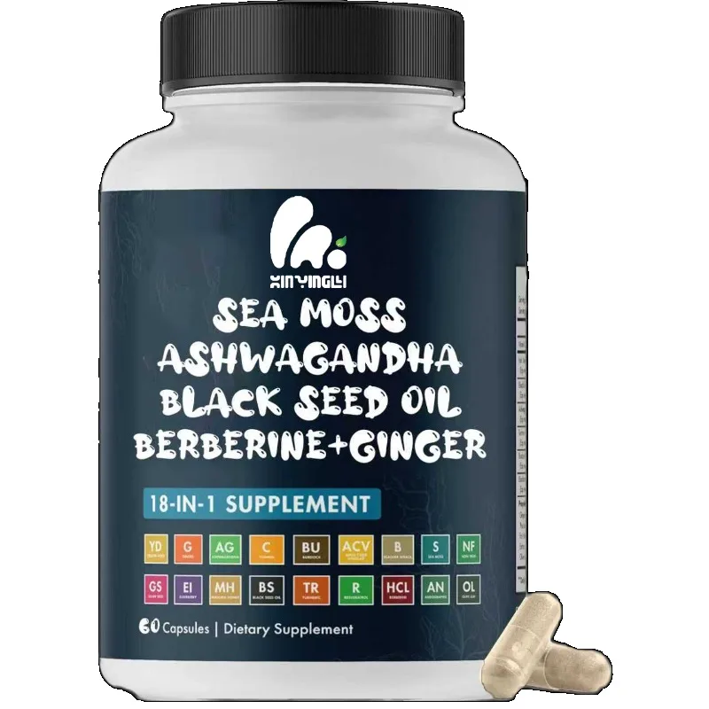 Algas marinas, aceite de semilla negra, jengibre, cúrcuma, berberina, HCI, bardana, resveratrol, bayas de saúco, miel, vinagre de sidra de manzana en cápsulas