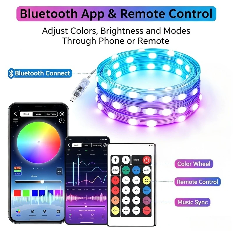 Smart RGB Fairy String Lights 5M/10M/20M, USB App Controlled Waterproof Music & Voice Sync Lights for Christmas Decor