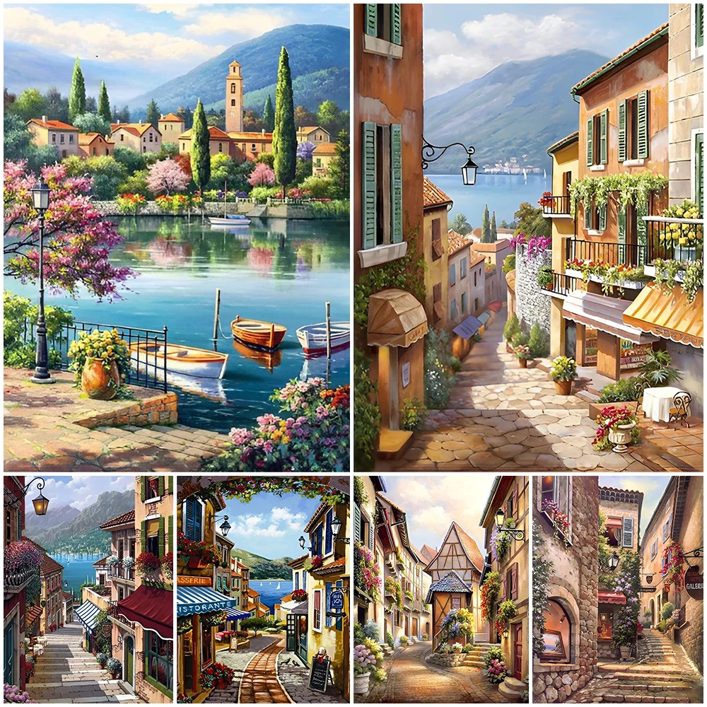 2024 New Diamond Painting Romantic Street Landscape Mosaic Crystal Cross Embroidery Kit Beginners Handmade Decoration 5D Gifts