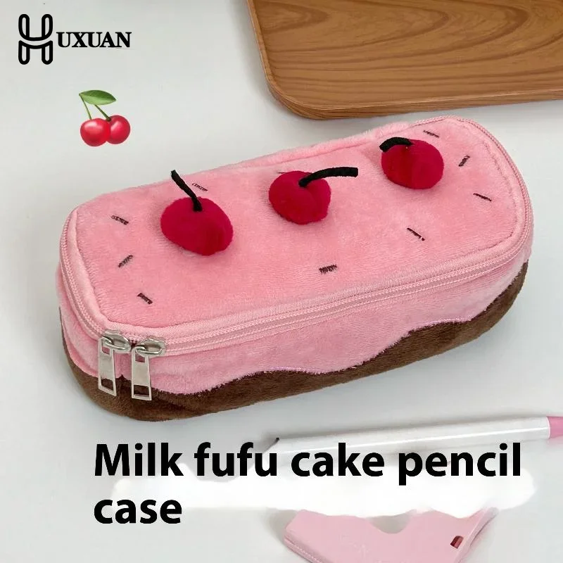 Plush Pencil Case Large Capacity Kawaii Cherry Cake Design Fuzzy Cute School Supplies Stationery Organizer Pouch Holder For Girl