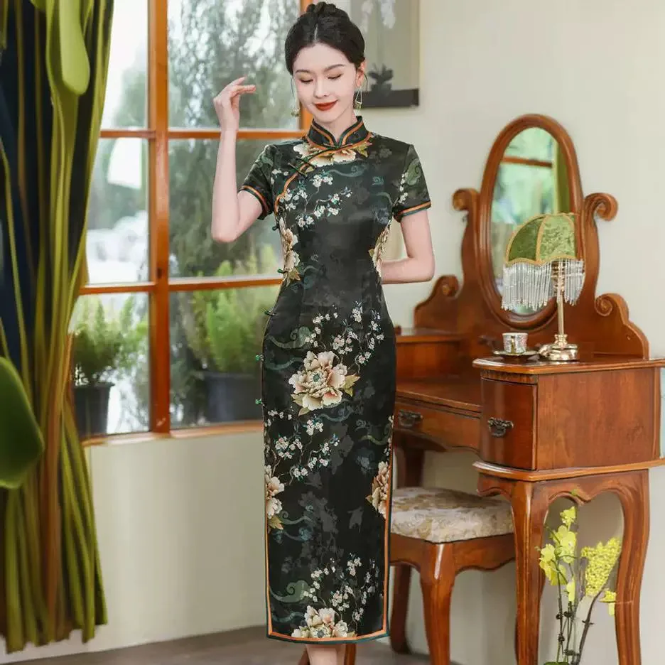 

High-End Interwoven Improved Cheongsam Qipao Summer Women's Retro Quality Real Silk Dress Long Chinese Style Chi-Pao