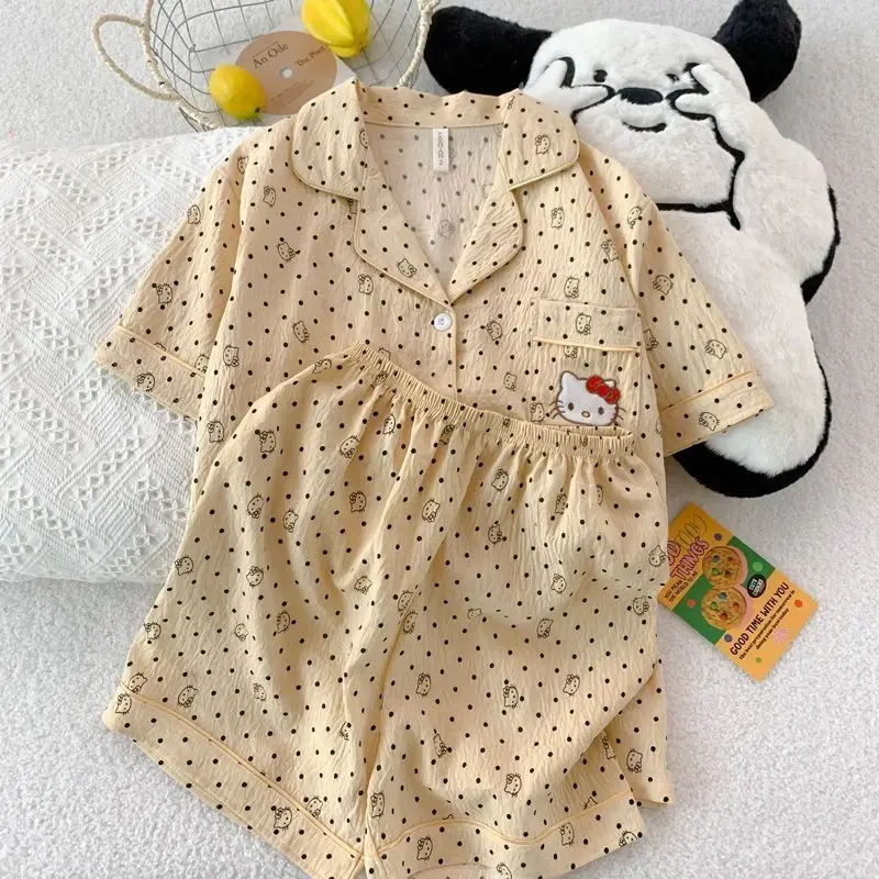 

Sanrio Hello Kitty Cotton Pajamas for Women Summer Sleepwear Shorts Short Sleeve Nightwear Kawaii Cartoon Pijama Home Clothes