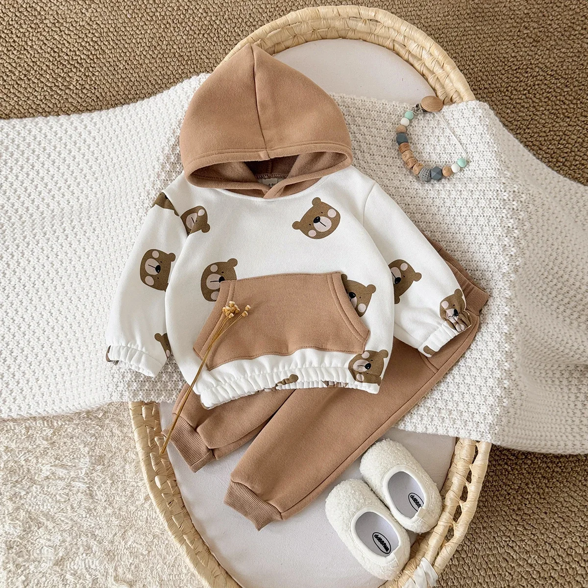 New Baby Girls Boys Winter Casual Cute Little Bear Printed Hooded Top+Daily Pants 2-Piece Set Children Clothing