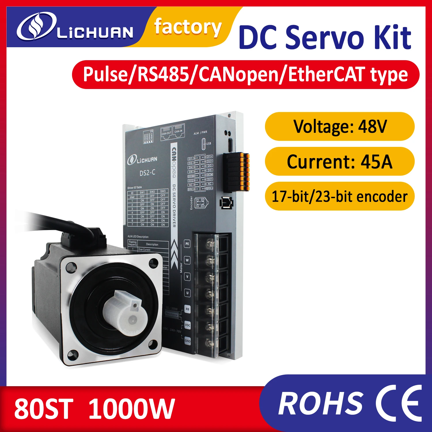 

DC48V servo motor 1KW 3.2Nm 3000rpm with DC servo driver 45A CNC kit pulse/MODBUS RS485/CANopen/Ethercat control optional