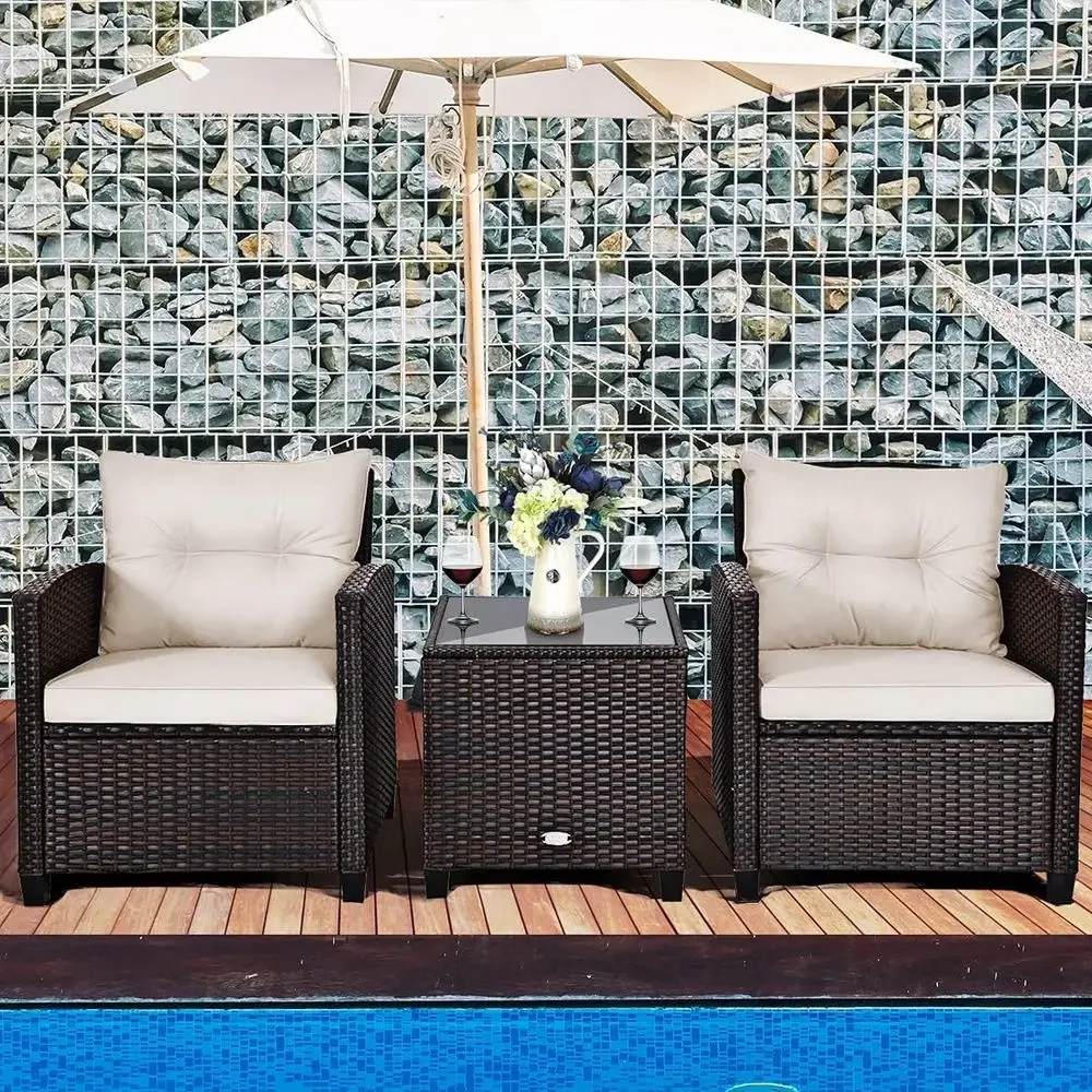 3-Piece Outdoor Patio Furniture Set with PE Rattan Wicker, Washable Cushions, and Tempered Glass Top for Garden, Poolside, or Ba