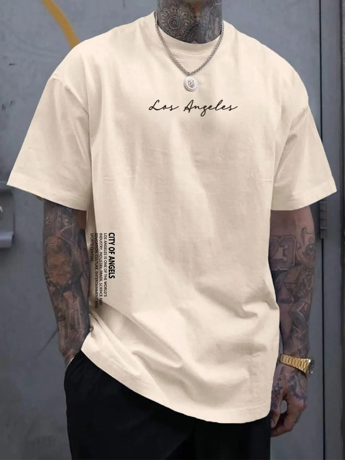 Men's Los Angeles City Letter Print T-Shirt Breathable Cotton T-Shirt Oversized Hip-Hop Loose Fit T-Shirt Summer Casual Fashion