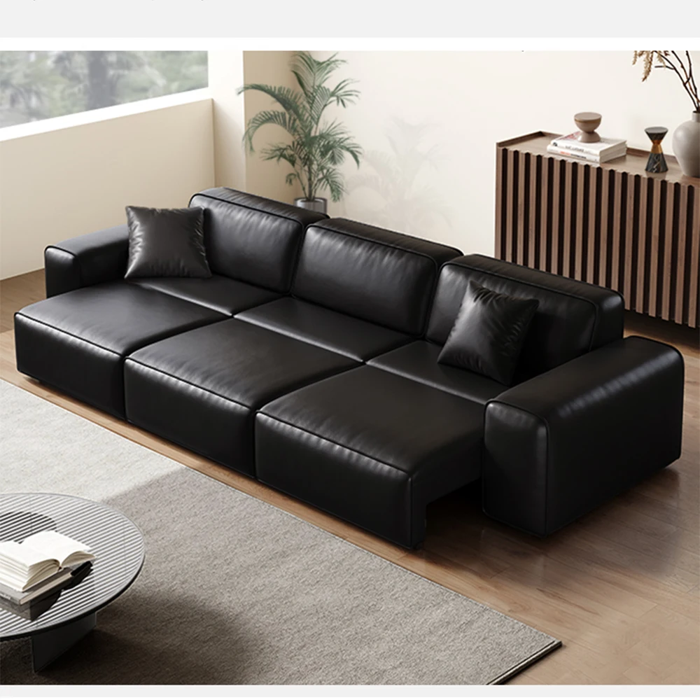 Modern Genuine Leather Sectional Sofa Bed, Modular Sleeper Extendable Sofa with Pull-Out Chaise, Upholstered Convertible Couch