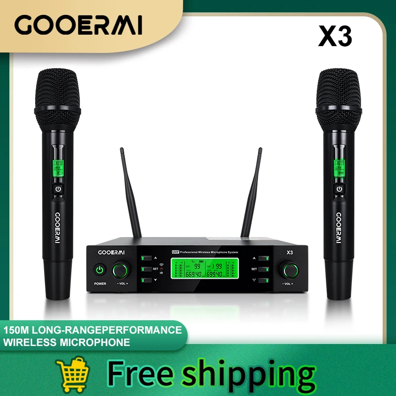 

GOOERMI Audio X3 UHF Беспроводная микрофонная система с 2-канальным ручным микрофоном с переменной частотой для караоке-презентаций
