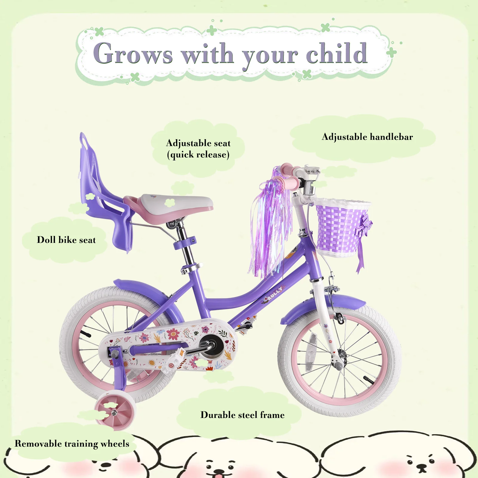 Rully Children's Bicycle with Training wheels Basket & Doll Seat for Girls (12