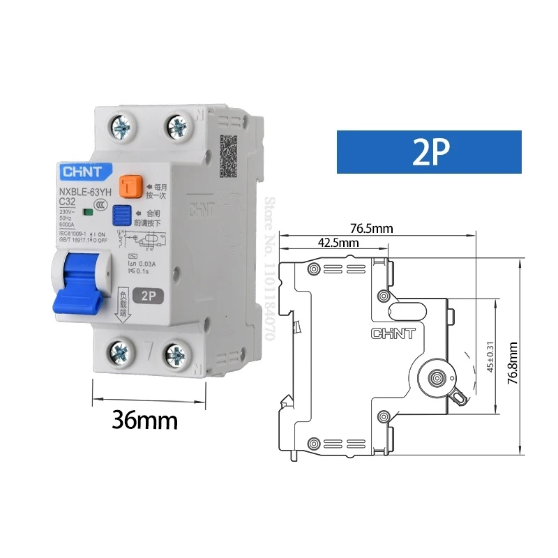 CHINT 30mA 100mA 300mA RCBO 16A 32A 63A 2P 3P 4P NXBLE-63YH 230V Wyłącznik różnicowy z prądem zmiennym