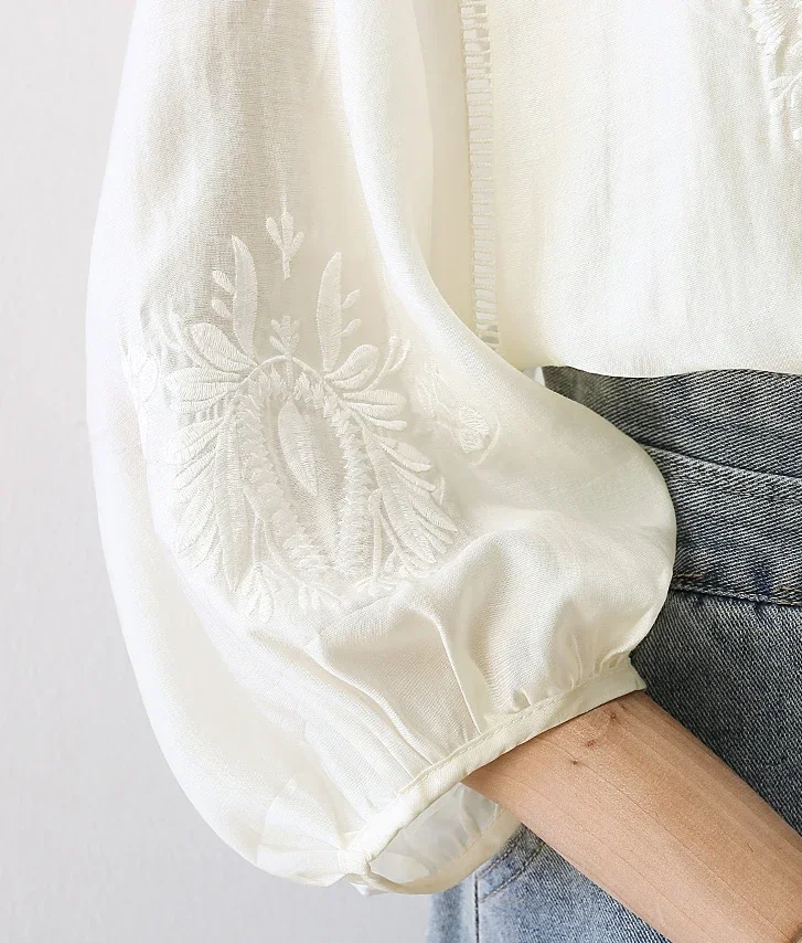 Oversize Loose seven quarter sleeved Blouses Shirts For Women Tops Summer Floral Embroidery Beige Cotton Rayon Boho Blouse Shirt