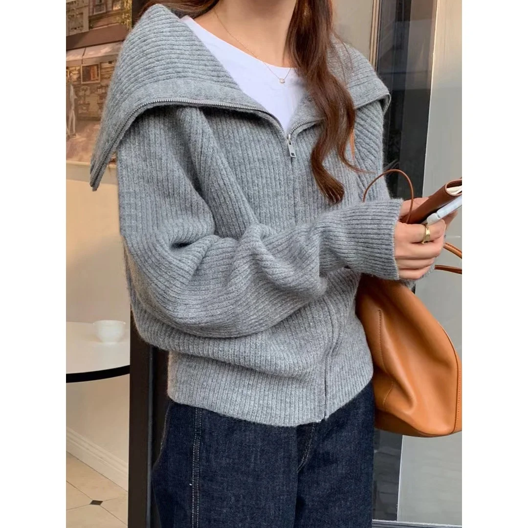 

Вязаный свитер-кардиган Laid-ba на молнии, однотонный, с большим воротником, повседневный, оверсайз, осенне-зимний, новинка, женская мода