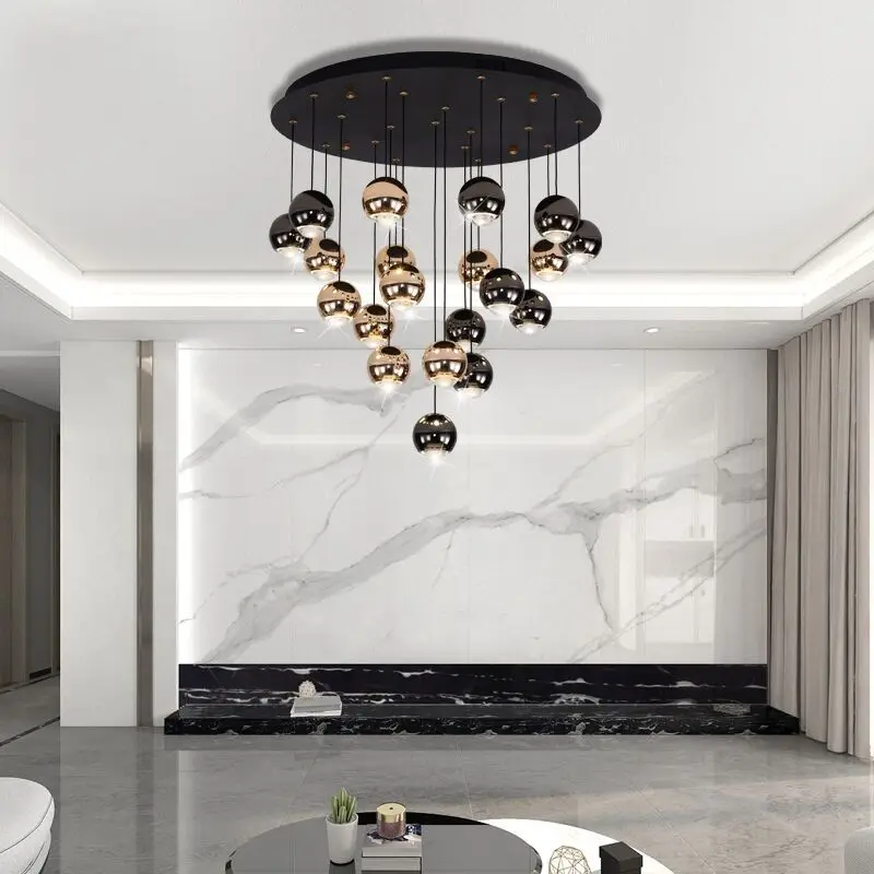 

Villa Duplex Space Aluminum Ball Pendant Lamps Modern Staircase Long Chandelier Living Room Dining Room Rotary LED Hanging Light