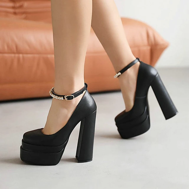 Kleine Maat 33 Koe Split Lederen Blok Hoge Hakken Klassieke Dames Pumps Luxe Merk Vierkante Teen