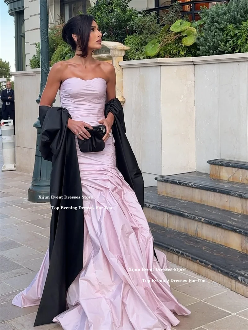 Suknie wieczorowe Xijun z różowej tafty, długie, bez rękawów, plisowane, w kształcie litery A, formalne suknie na studniówkę, suknie balowe do ziemi w stylu gwiazd, możliwość personalizacji.