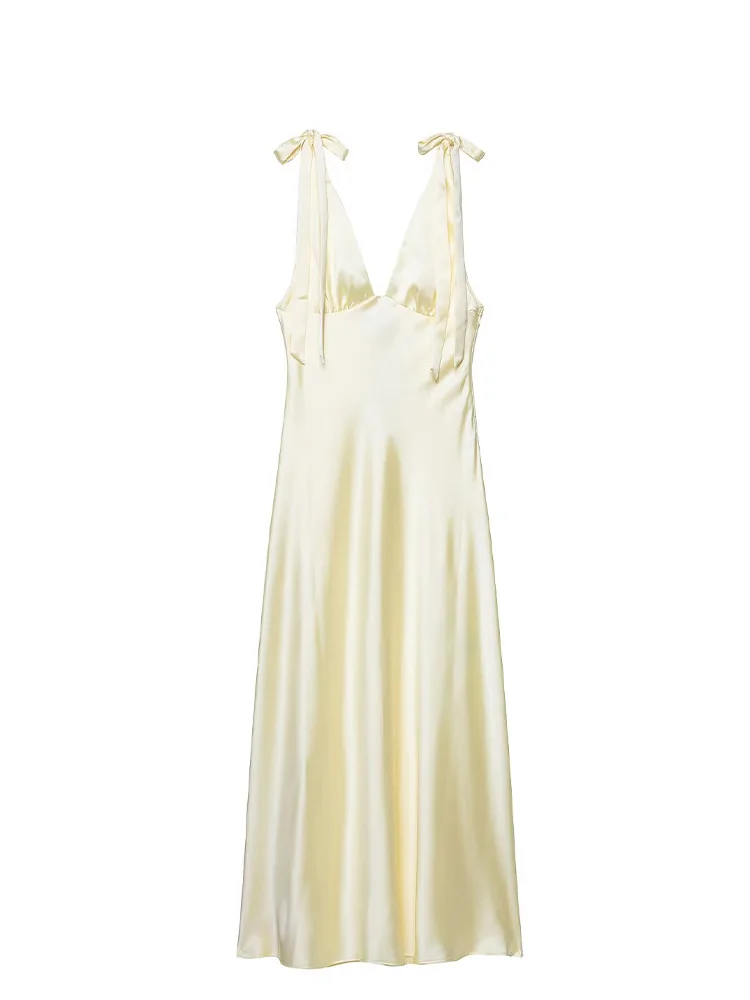 HH الصيف امرأة أنيقة الخامس الرقبة القوس الديكور الجانب زيبر الأصفر شيك فستان الحفلات المرأة بلا أكمام عارية الذراعين فستان طويل مثير