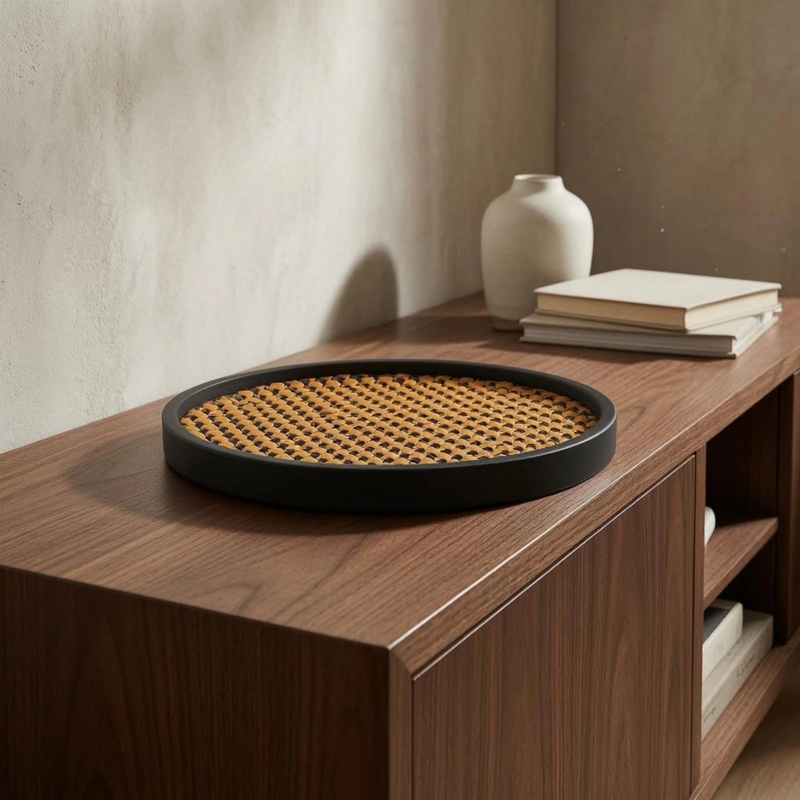 

Decorative Woven Tray Black Rim Woven Tray Home Accent Rustic Style for Living Room, Study Desk