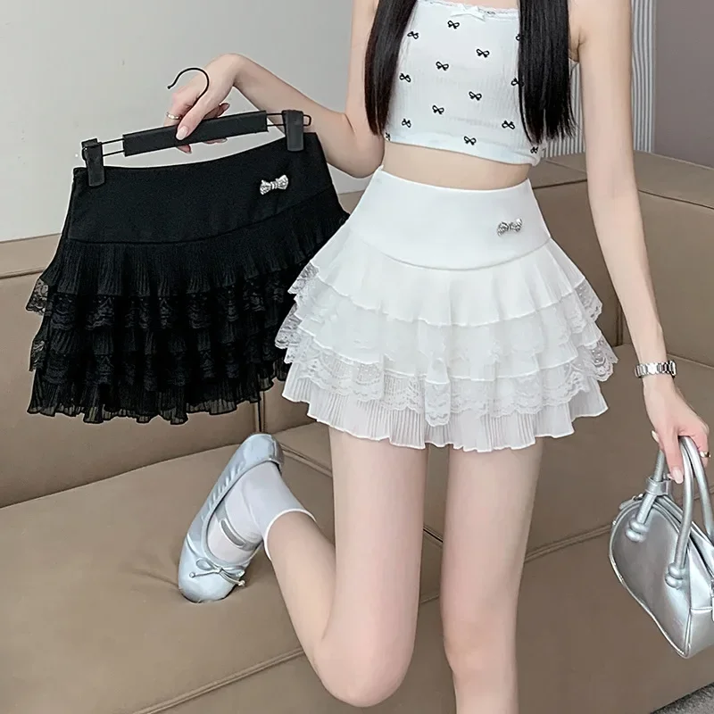 لوليتا عادية الحلو نمط المرأة كعكة تنورة 2024 جديد Kawaii الصيف تنورة قصيرة أسود أبيض الدانتيل كشكش حافة موضة الاتجاه تنورة