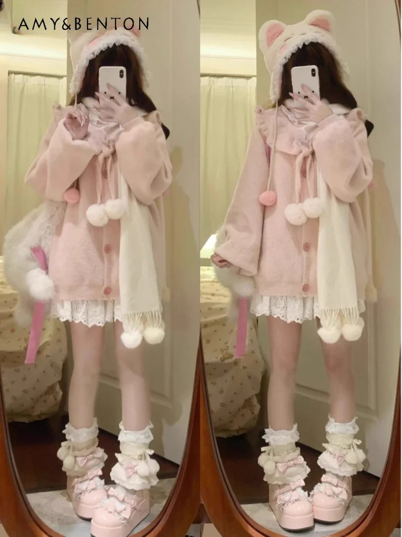 

2024 Autumn and Winter Japanese Sweet Cute Doll Collar Soft Waxy Hairy Cardigan Knitted Sweater For Women