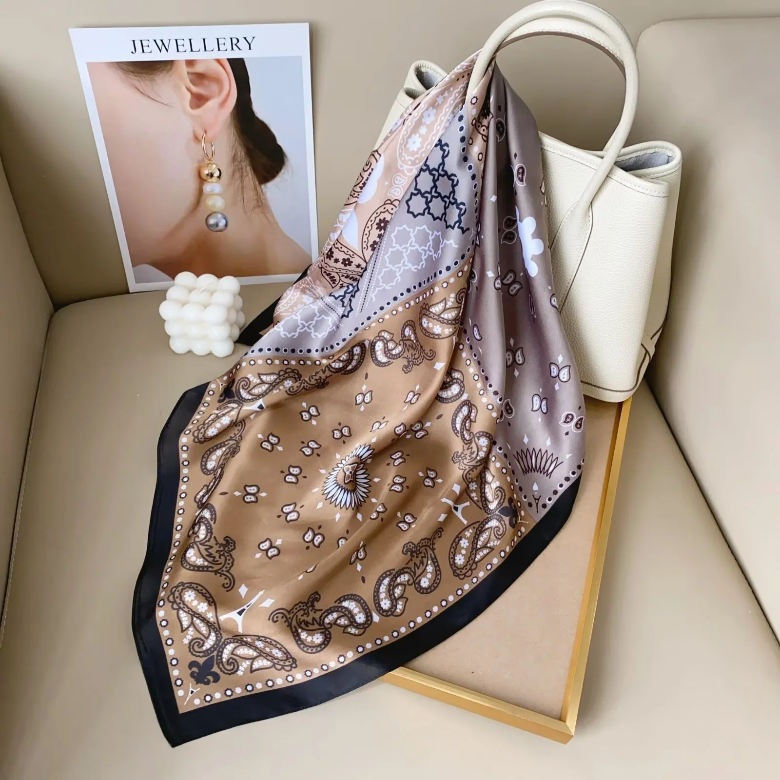 Square Scarf Paisley Colorblock Faux Silk 70cm Women Neck Head Hair Shirt Bag Decoration Premium Retro Soft Travel