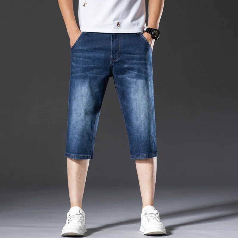 Men Long Denim Shorts Summer Cropped Trousers Knee Length Plus Size 48 46 44 42 Thin Oversized Male Fit Big Blue Middle Jeans