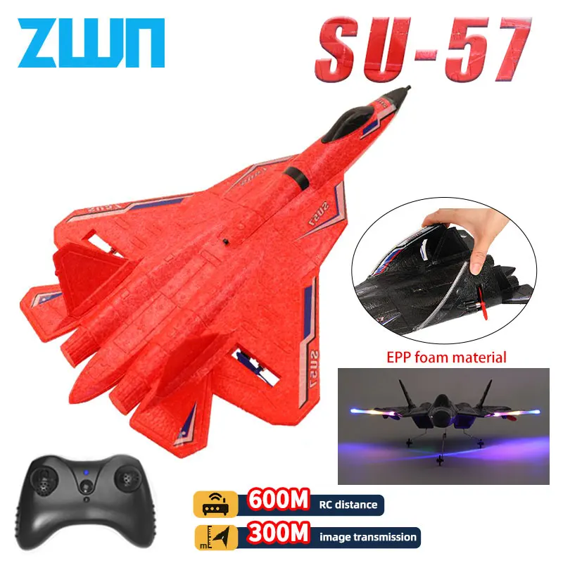 ZWN RC Plane SU57 2.4G With LED Lights Aircraft Remote Control Flying Model Glider EPP Foam Airplane Toys For Children Gifts