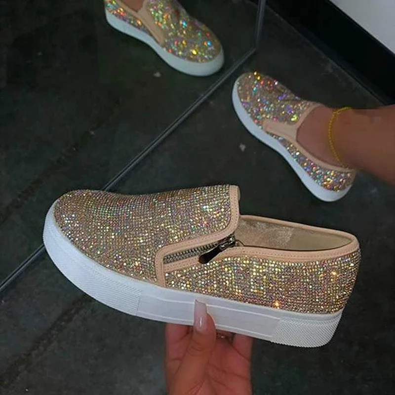 Mocasines con diamantes de imitación brillantes para mujer, zapatos informales con cremallera, suela gruesa vulcanizada, para exteriores, 2022