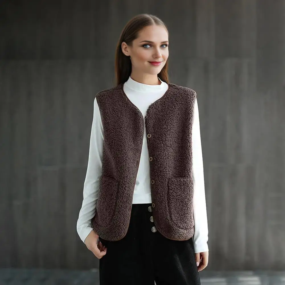 Manmade Lamb Wool Cropped Vests Autumn Korean Women Sleeveless Fleece Button Loose Waistcoats