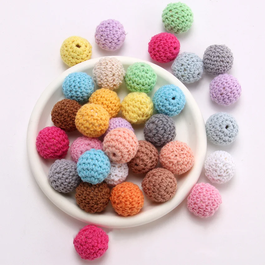 

NANA 10pcs Handmade Round Woven Cotton Crochet Wooden Beads Teething Toys Wood Baby Crafts Diy Decorative Accessories 16mm 20mm