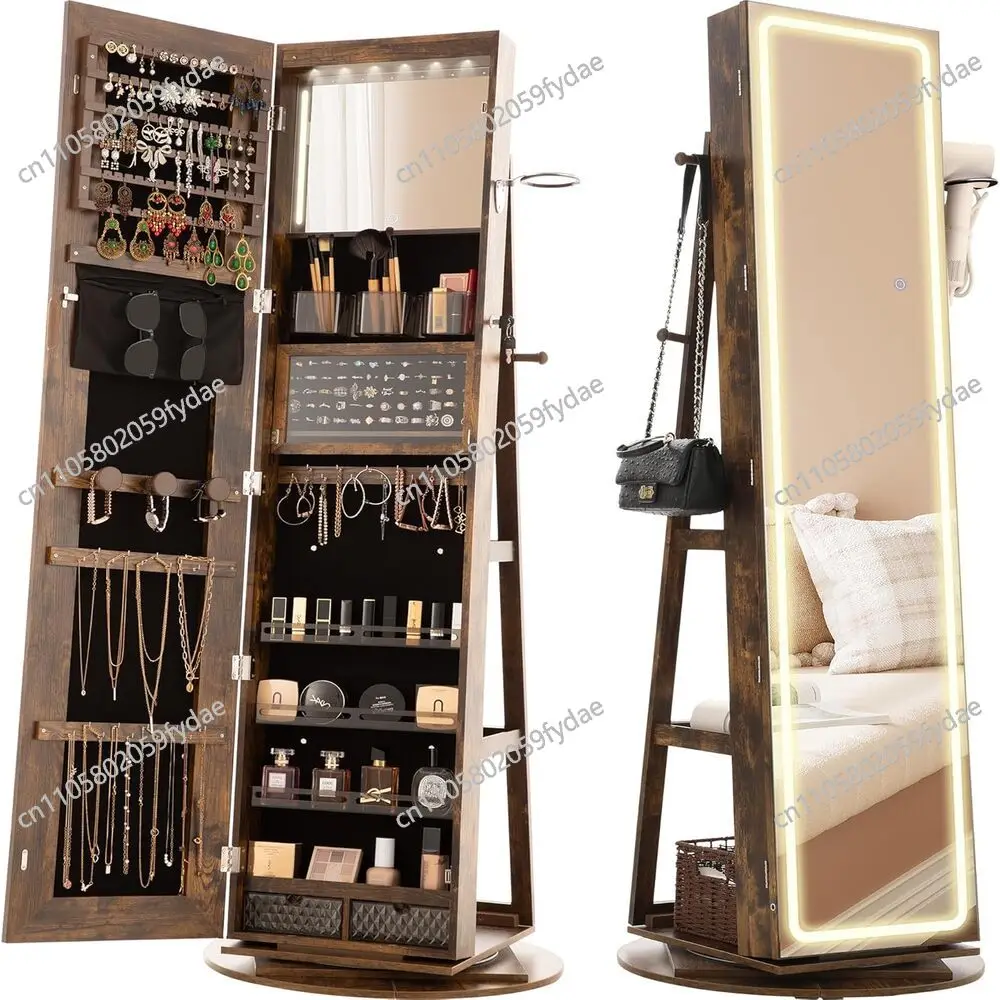 Mirror Jewelry Cabinet Standing,360° Swivel Jewelry Armoire with Full Length Mirror and Adjustable LED Light