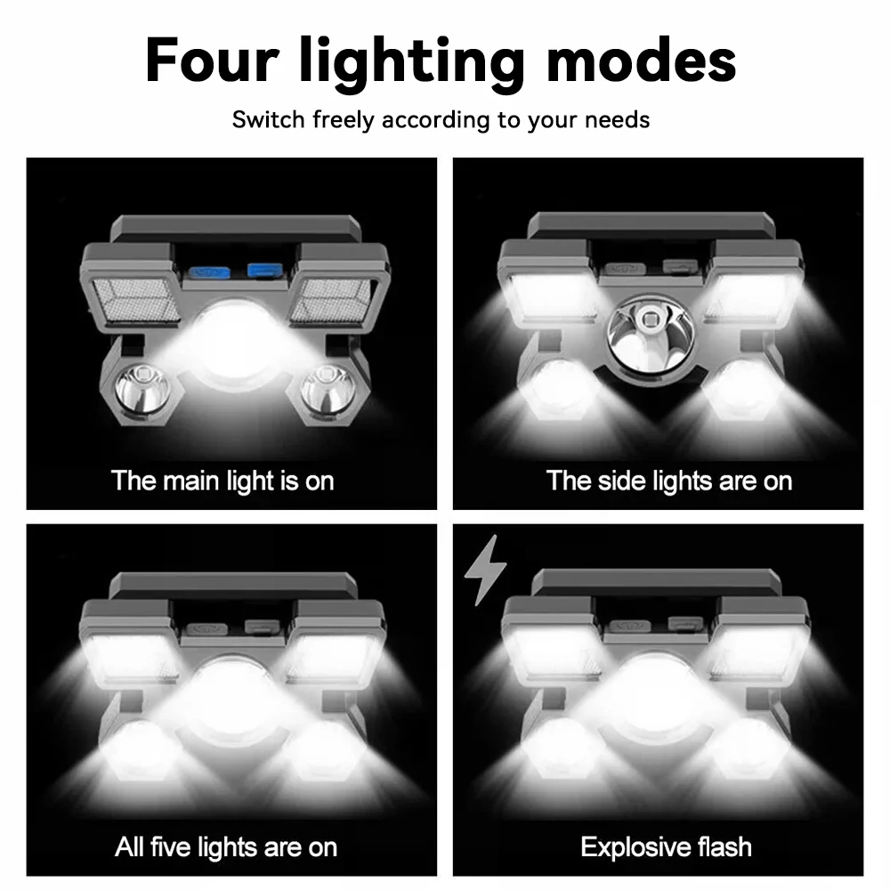USB Rechargeable Headlamp Portable 5LED Headlight Built In Battery Torch Portable Working Light Fishing Camping Head Light For T