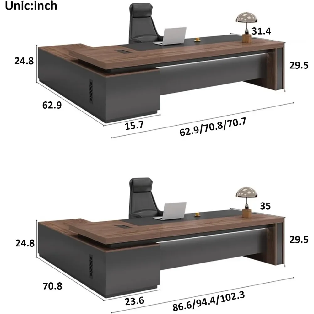 Modern L-shaped Administrative Desk with Storage Space, Desk with Wooden Sled Base, LED Lights, and Cable Management Furniture