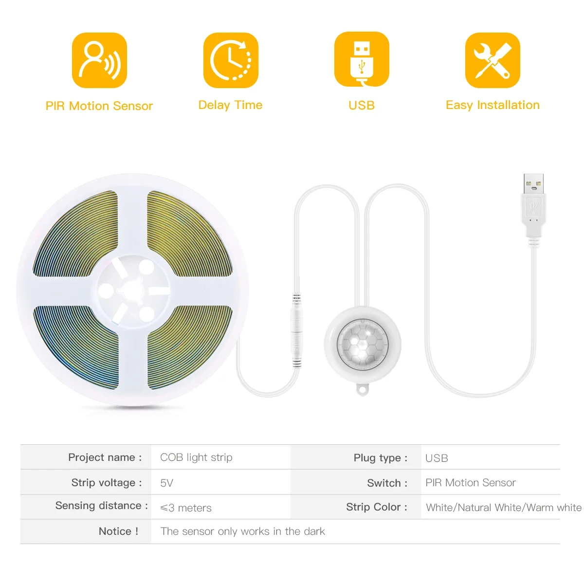 Bande lumineuse LED COB avec capteur de mouvement PIR intelligent, alimenté par USB 5V, temps de retard réglable, 20s-300s, fonctionne uniquement la nuit pour chambre à coucher