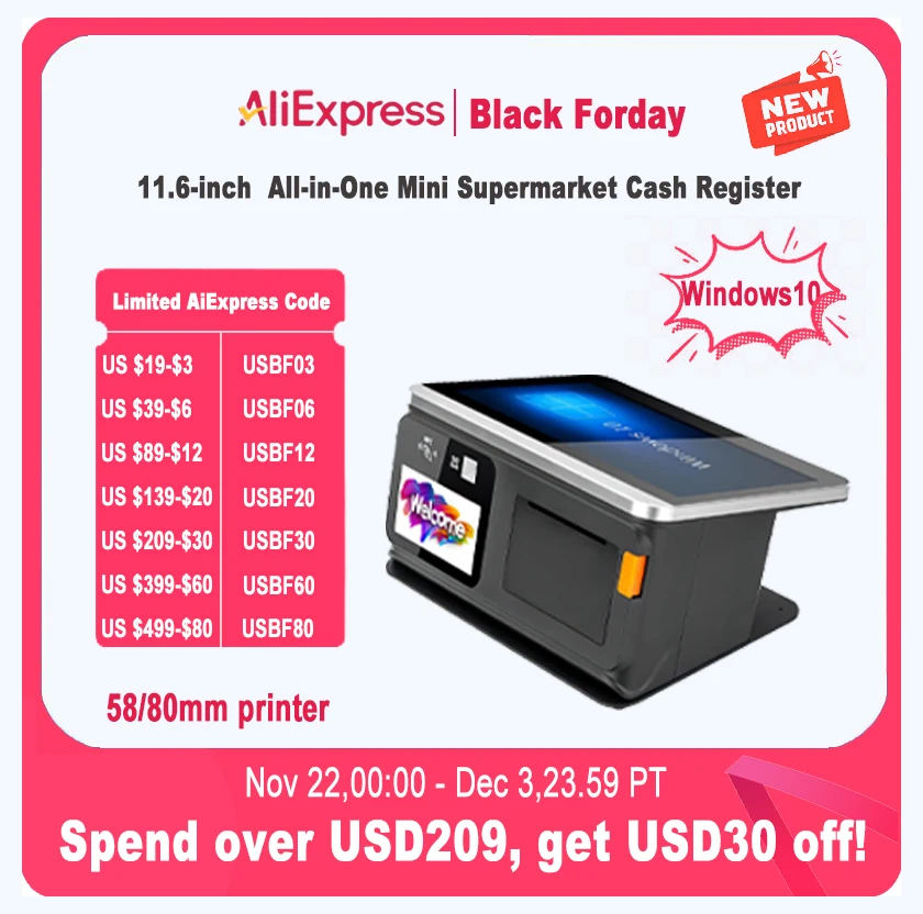 11.6 Touch Screen Windows All-in-One Mini Supermarket Cash Register with Restaurant Hardware Sales System and 58/80mm Printer