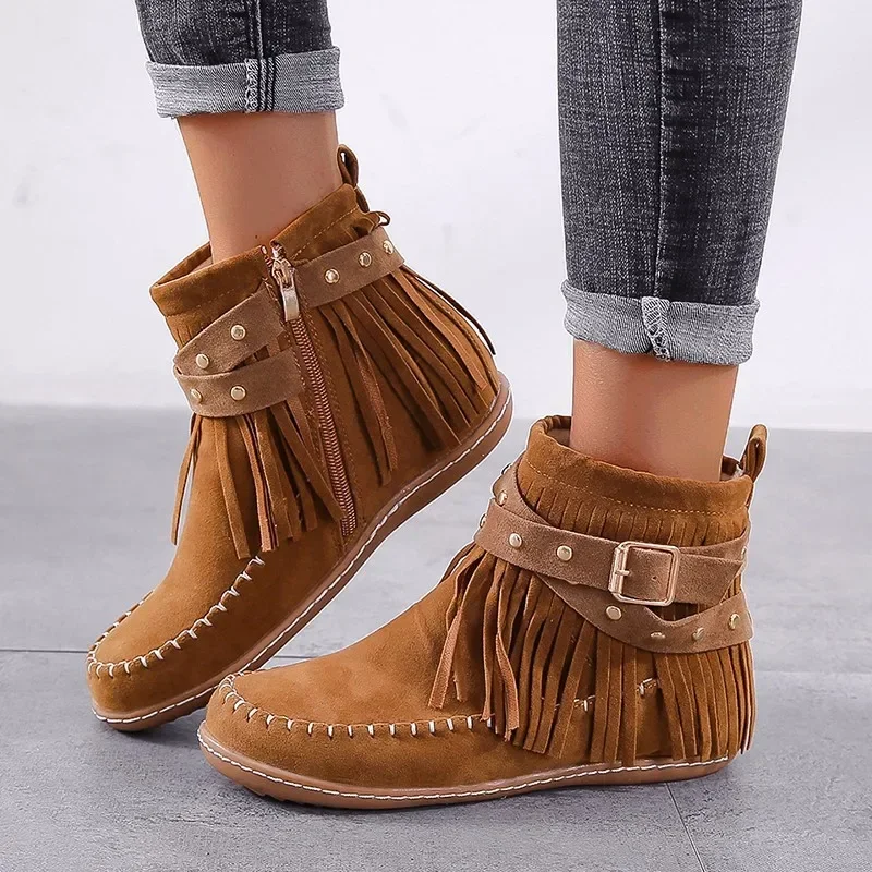 Shoes for Women 2023 High Quality Winter Women Boots Solid Color Round Toe Flock One Word Buckle Zipper Rome Zapatillas De Mujer