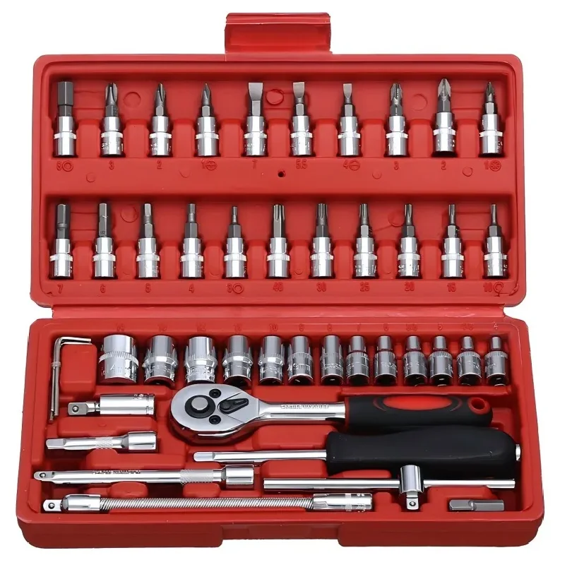 46PC Socket Wrench Set Household Chrome Vanadium Steel Motorcycle Auto Car Repair Tool Ratchet Torque Combo Mechanical Tools Box