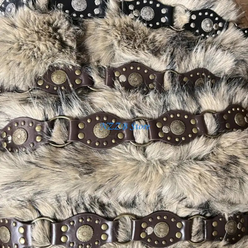 

T21F Faux Leather Belt Plush Furry Trim Waistband Cowgirl Punk Waist Girdle Jewelry