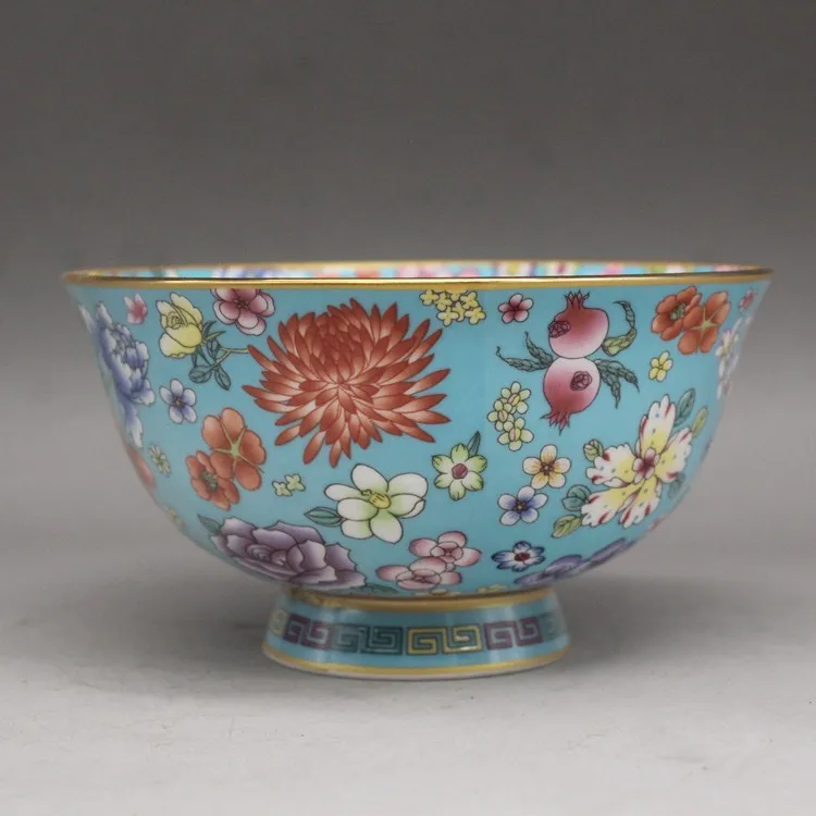 Chinese Blue Famille Rose Porcelain Qing Qianlong Flowers Design Bowl 5.12 inch