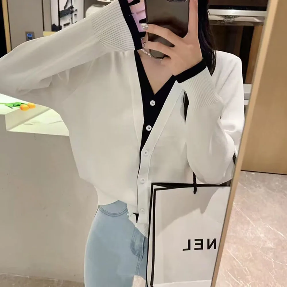 

Autumn New Sweater Women Minimalist Loose V-neck Long Sleeve Spliced Cardigan Female Simple Fashion Contrast Color Knit Coats