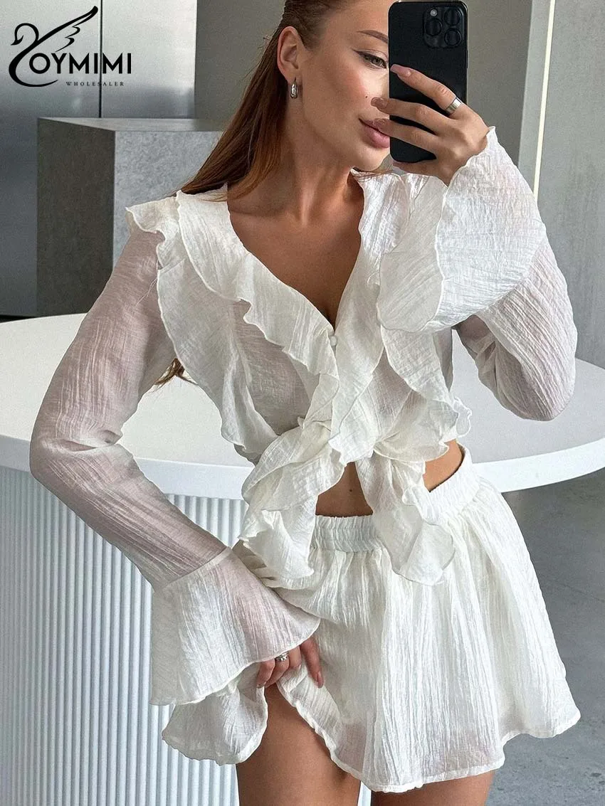 Oymimi Casual White Two Piece Set For Women Fashion Ruffled Long Sleeve Button Crop Tops And High Waist Mini Skirts Female Sets