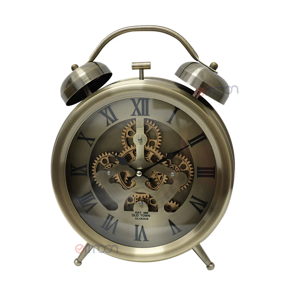 Retro living room gear-based clock, metallic aged metal clock, large-sized tabletop clock, home decorative piece