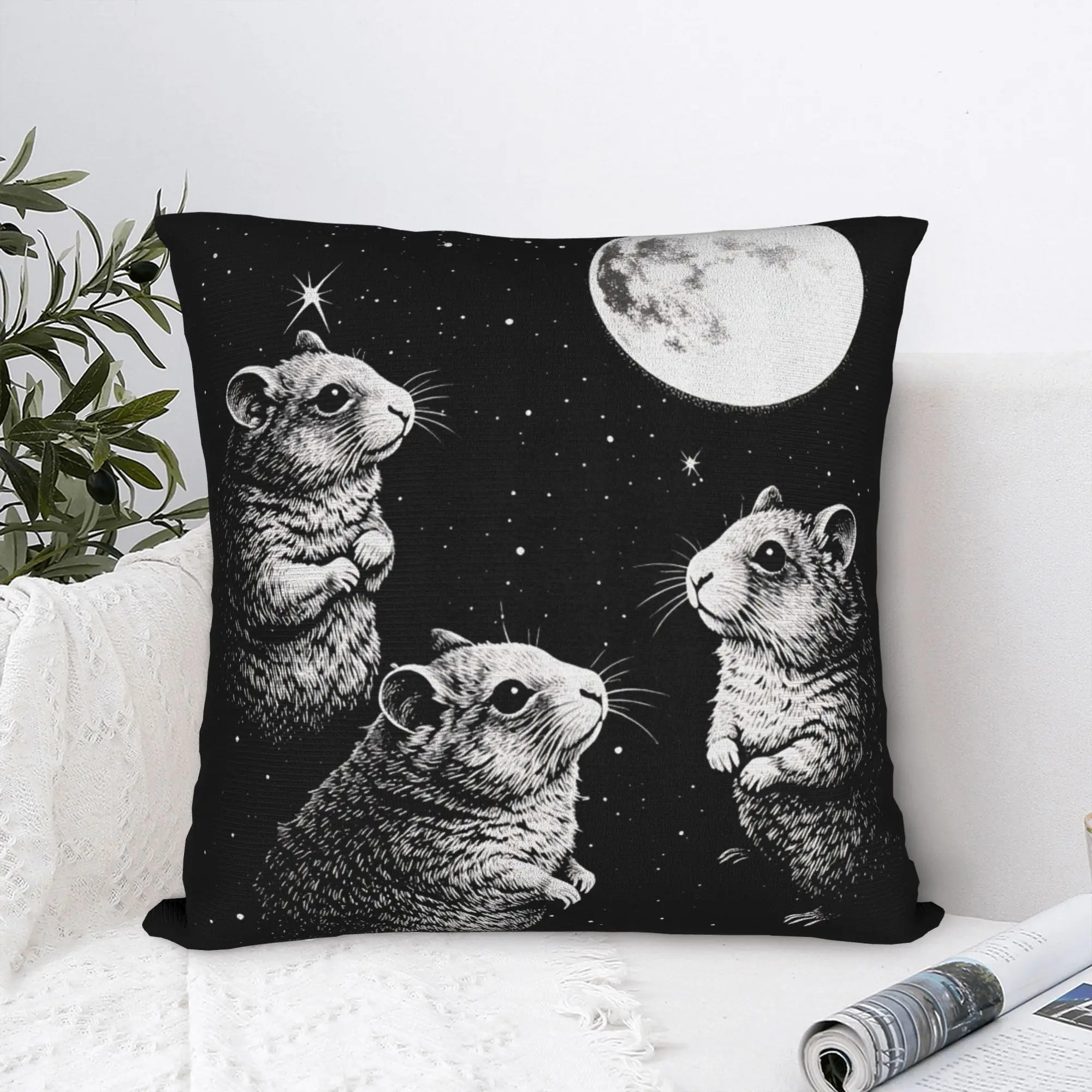 Three Hamster Moon Square Pillow Case  Cushion Covers Vintage Zipper Decorative Pillowcase for Living Room 40*40cm