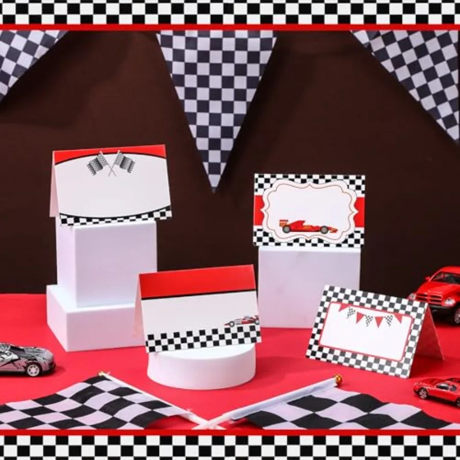 48 قطعة ملصقات طعام السيارات للسباق علامات بطاقات مكان مطوية لإعداد الطاولة بطاقات اسم فارغة حفلة عيد ميلاد اللفة الأولى حول Tra