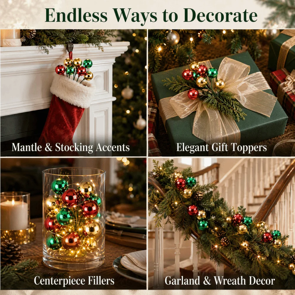 12PCS 3 Heads Christmas Ball Ornaments DIY Ornament Scene Making Christmas Tree Decorations DIY Accessories Shiny Finish