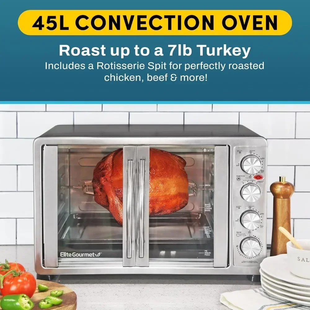 Hot SalesElite Gourmet ETO-4510M French Door 47.5Qt, 18-Slice Convection Oven 4-Control Knobs, Bake Broil Toast Rotisserie Keep